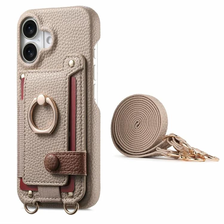 For iPhone 16 Litchi Texture Card Bag Ring Holder Vegan Leather + PC Phone Case with Shoulder Strap
