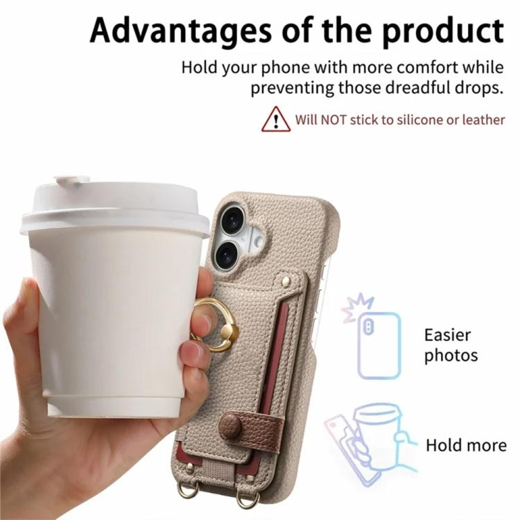 For iPhone 16 Litchi Texture Card Bag Ring Holder Vegan Leather + PC Phone Case with Shoulder Strap