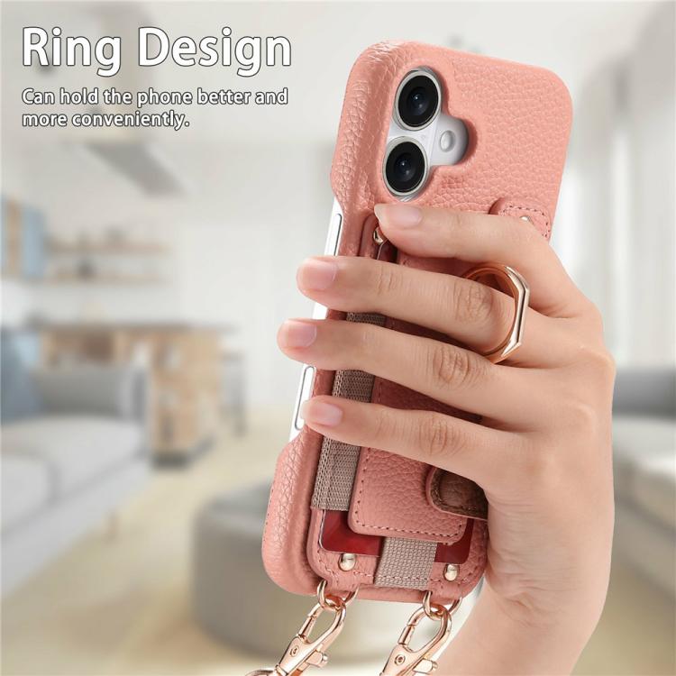 For iPhone 16 Litchi Texture Card Bag Ring Holder Vegan Leather + PC Phone Case with Shoulder Strap