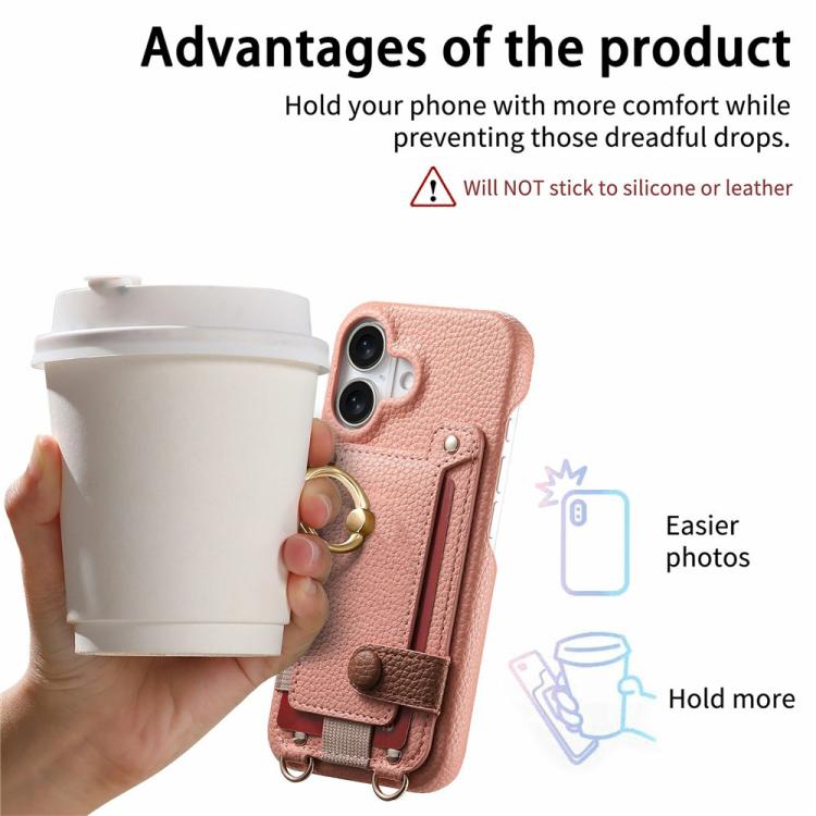 For iPhone 16 Litchi Texture Card Bag Ring Holder Vegan Leather + PC Phone Case with Shoulder Strap