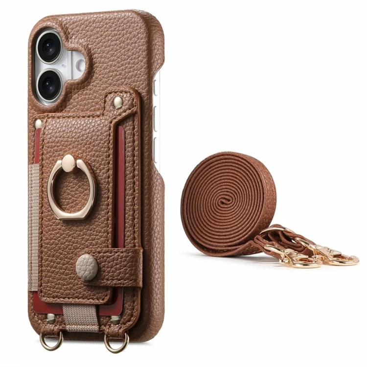 For iPhone 16 Litchi Texture Card Bag Ring Holder Vegan Leather + PC Phone Case with Shoulder Strap