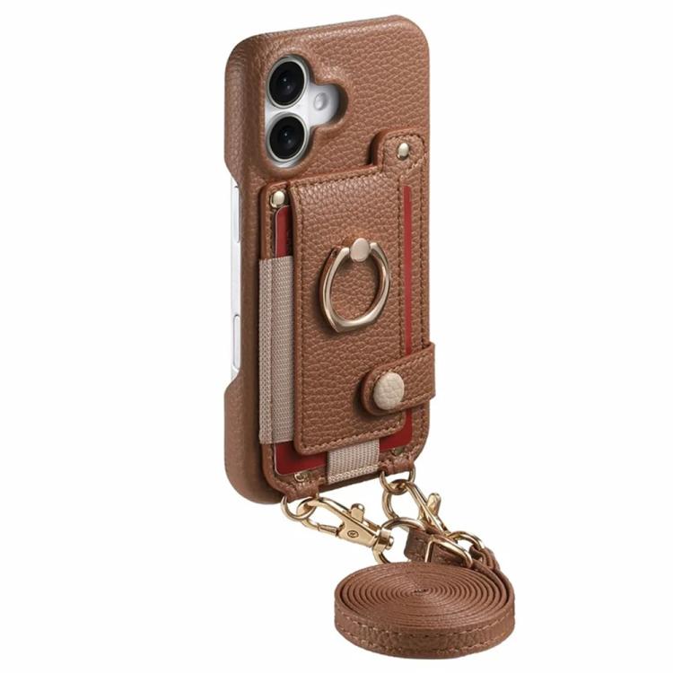 For iPhone 16 Litchi Texture Card Bag Ring Holder Vegan Leather + PC Phone Case with Shoulder Strap