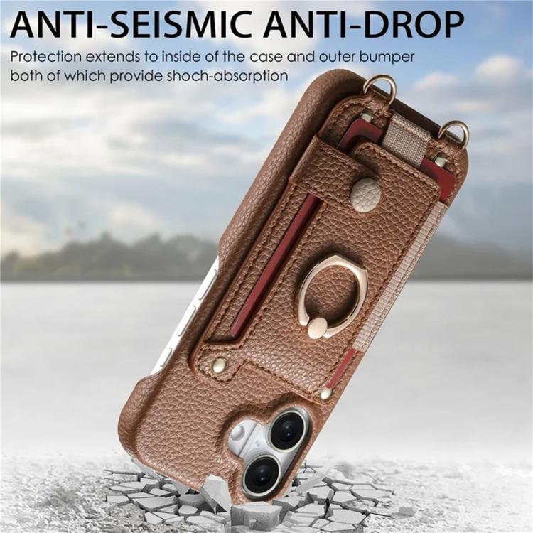 For iPhone 16 Litchi Texture Card Bag Ring Holder Vegan Leather + PC Phone Case with Shoulder Strap