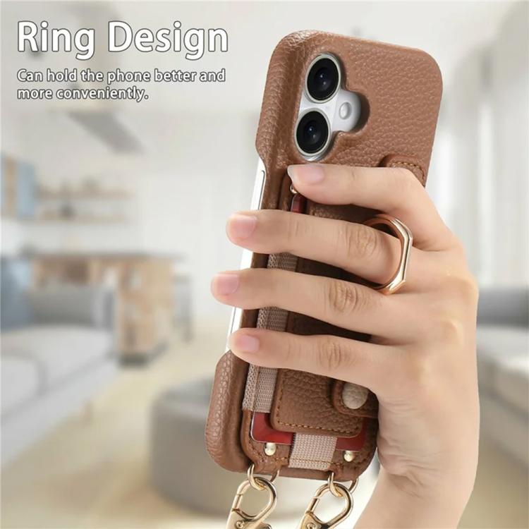 For iPhone 16 Litchi Texture Card Bag Ring Holder Vegan Leather + PC Phone Case with Shoulder Strap
