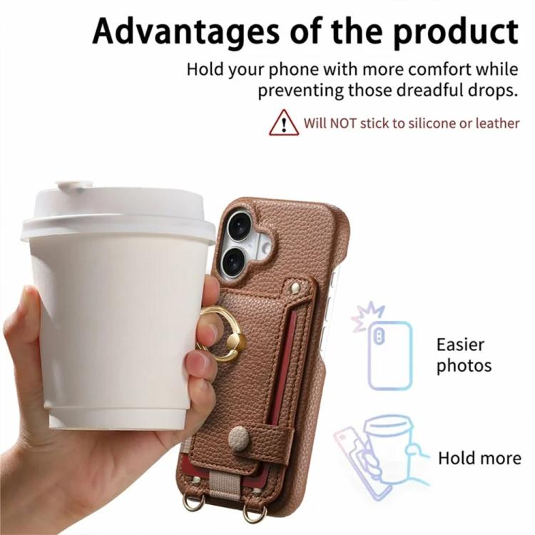 For iPhone 16 Litchi Texture Card Bag Ring Holder Vegan Leather + PC Phone Case with Shoulder Strap