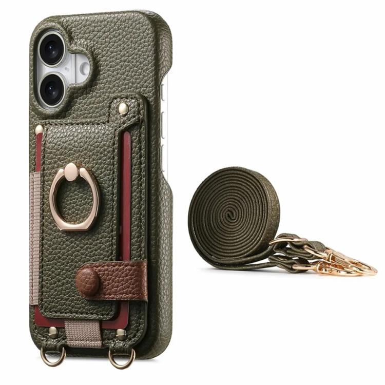 For iPhone 16 Litchi Texture Card Bag Ring Holder Vegan Leather + PC Phone Case with Shoulder Strap
