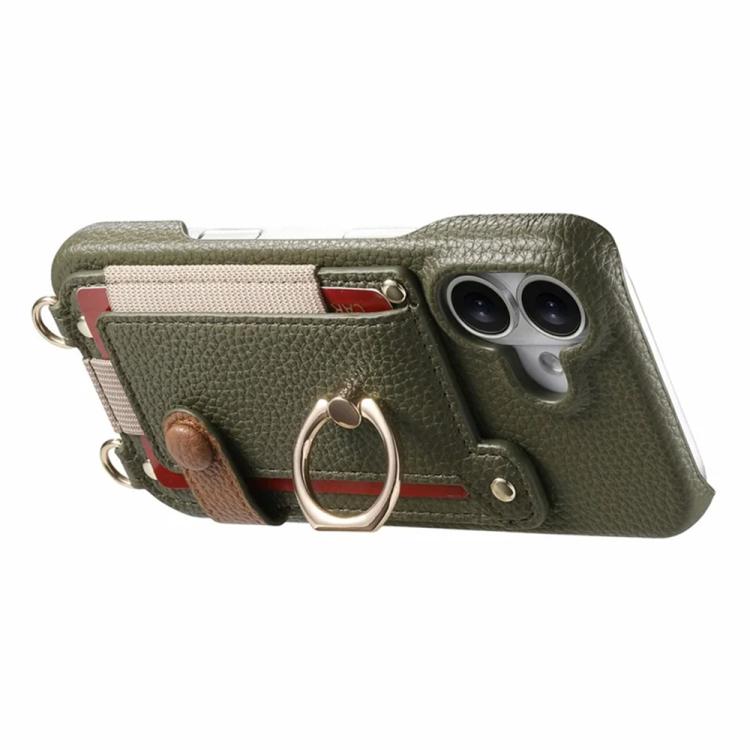 For iPhone 16 Litchi Texture Card Bag Ring Holder Vegan Leather + PC Phone Case with Shoulder Strap