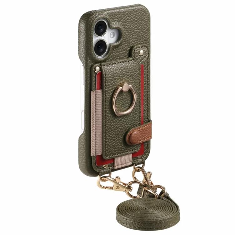 For iPhone 16 Litchi Texture Card Bag Ring Holder Vegan Leather + PC Phone Case with Shoulder Strap