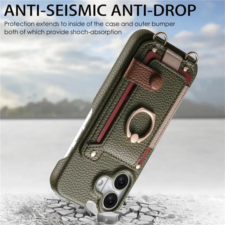 For iPhone 16 Litchi Texture Card Bag Ring Holder Vegan Leather + PC Phone Case with Shoulder Strap