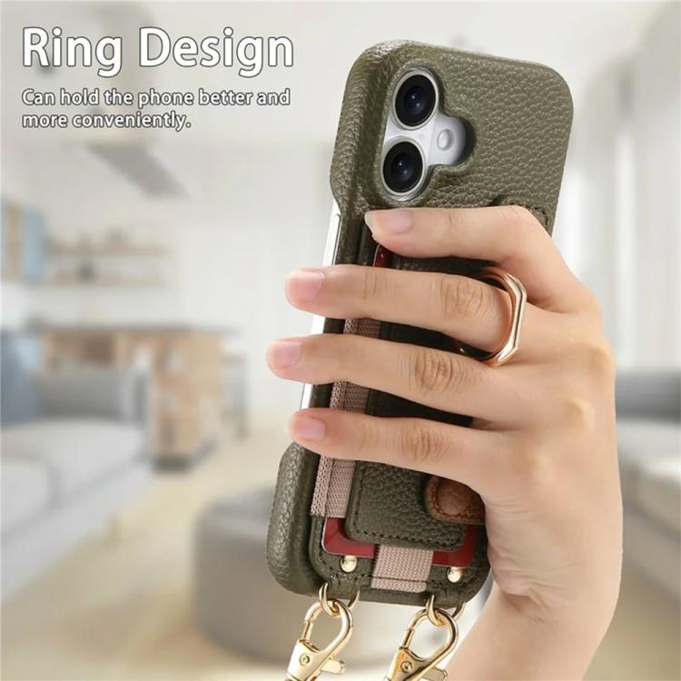 For iPhone 16 Litchi Texture Card Bag Ring Holder Vegan Leather + PC Phone Case with Shoulder Strap