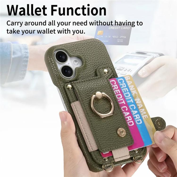 For iPhone 16 Litchi Texture Card Bag Ring Holder Vegan Leather + PC Phone Case with Shoulder Strap
