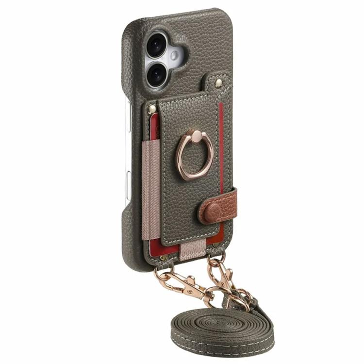 For iPhone 16 Litchi Texture Card Bag Ring Holder Vegan Leather + PC Phone Case with Shoulder Strap