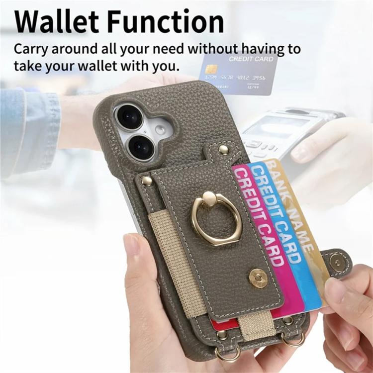 For iPhone 16 Litchi Texture Card Bag Ring Holder Vegan Leather + PC Phone Case with Shoulder Strap