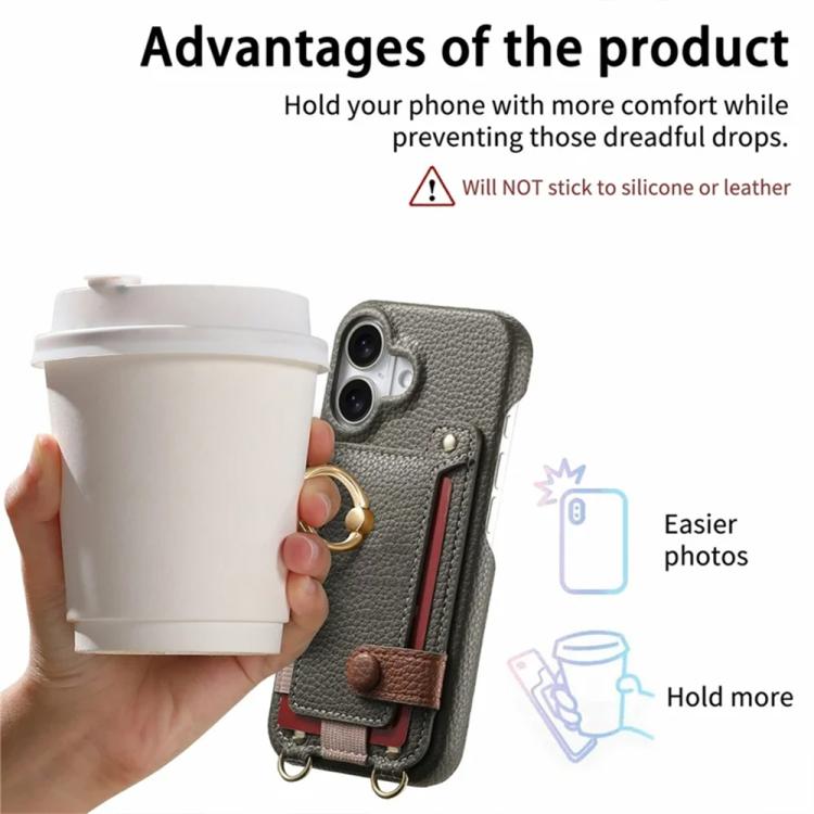 For iPhone 16 Litchi Texture Card Bag Ring Holder Vegan Leather + PC Phone Case with Shoulder Strap