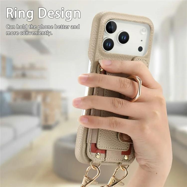 For iPhone 15 Pro Litchi Texture Card Bag Ring Holder Vegan Leather + PC Phone Case with Shoulder Strap