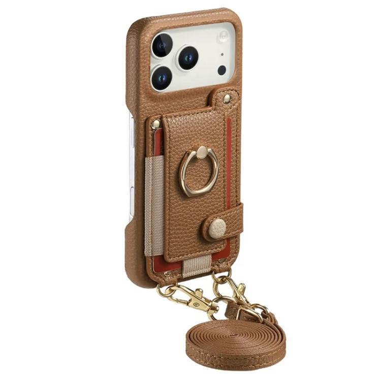 For iPhone 15 Pro Litchi Texture Card Bag Ring Holder Vegan Leather + PC Phone Case with Shoulder Strap