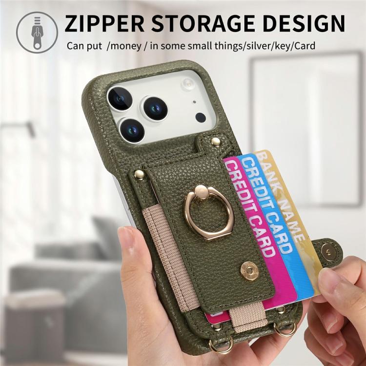 For iPhone 14 Plus Litchi Texture Card Bag Ring Holder Vegan Leather + PC Phone Case with Shoulder Strap