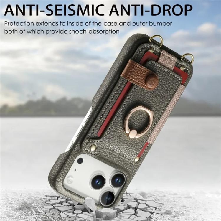 For iPhone 14 Plus Litchi Texture Card Bag Ring Holder Vegan Leather + PC Phone Case with Shoulder Strap
