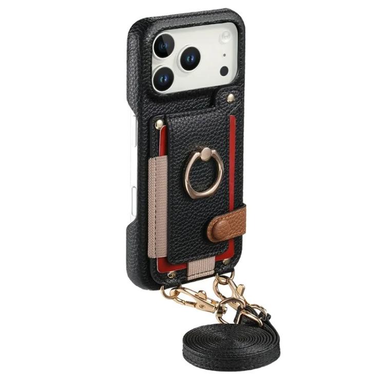For iPhone 14 Litchi Texture Card Bag Ring Holder Vegan Leather + PC Phone Case with Shoulder Strap