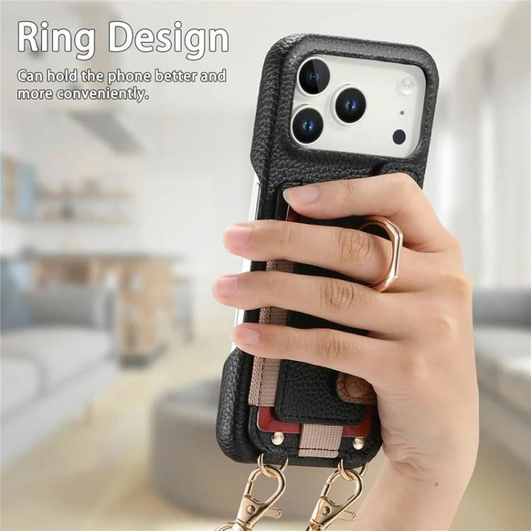 For iPhone 14 Litchi Texture Card Bag Ring Holder Vegan Leather + PC Phone Case with Shoulder Strap