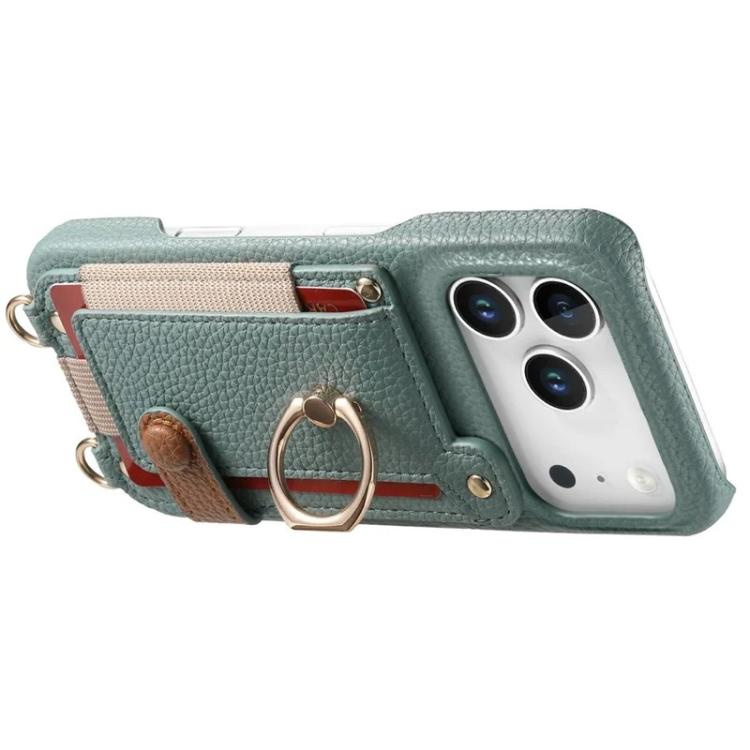 For iPhone 14 Litchi Texture Card Bag Ring Holder Vegan Leather + PC Phone Case with Shoulder Strap
