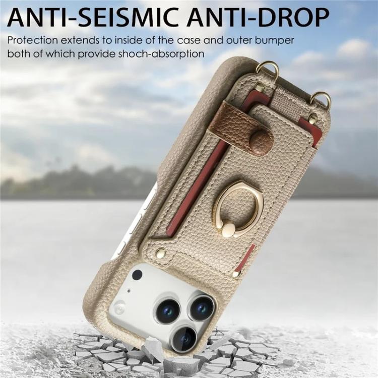 For iPhone 14 Litchi Texture Card Bag Ring Holder Vegan Leather + PC Phone Case with Shoulder Strap