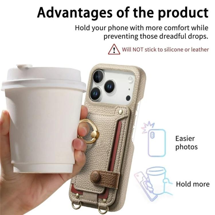 For iPhone 14 Litchi Texture Card Bag Ring Holder Vegan Leather + PC Phone Case with Shoulder Strap