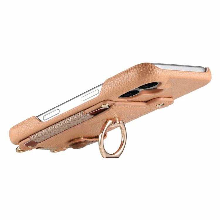 For iPhone 14 Litchi Texture Card Bag Ring Holder Vegan Leather + PC Phone Case with Shoulder Strap