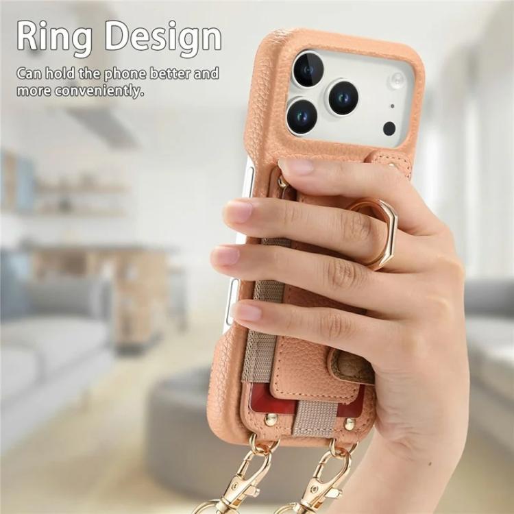 For iPhone 14 Litchi Texture Card Bag Ring Holder Vegan Leather + PC Phone Case with Shoulder Strap
