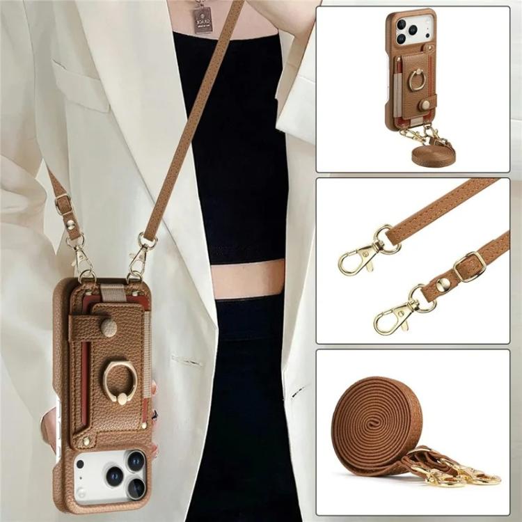 For iPhone 14 Litchi Texture Card Bag Ring Holder Vegan Leather + PC Phone Case with Shoulder Strap