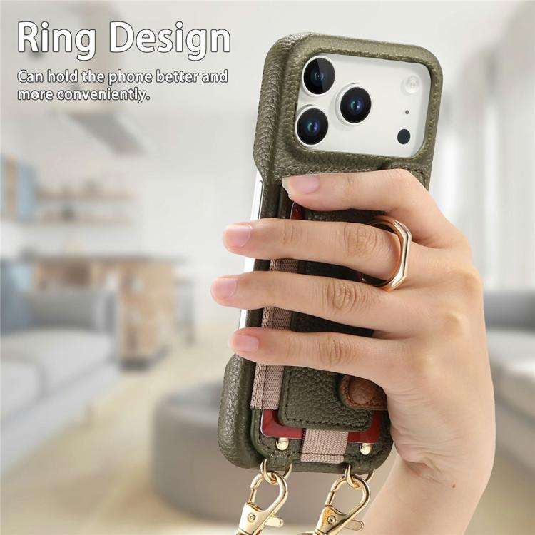 For iPhone 14 Litchi Texture Card Bag Ring Holder Vegan Leather + PC Phone Case with Shoulder Strap