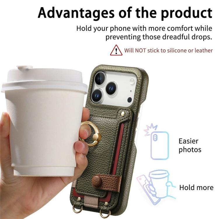 For iPhone 14 Litchi Texture Card Bag Ring Holder Vegan Leather + PC Phone Case with Shoulder Strap