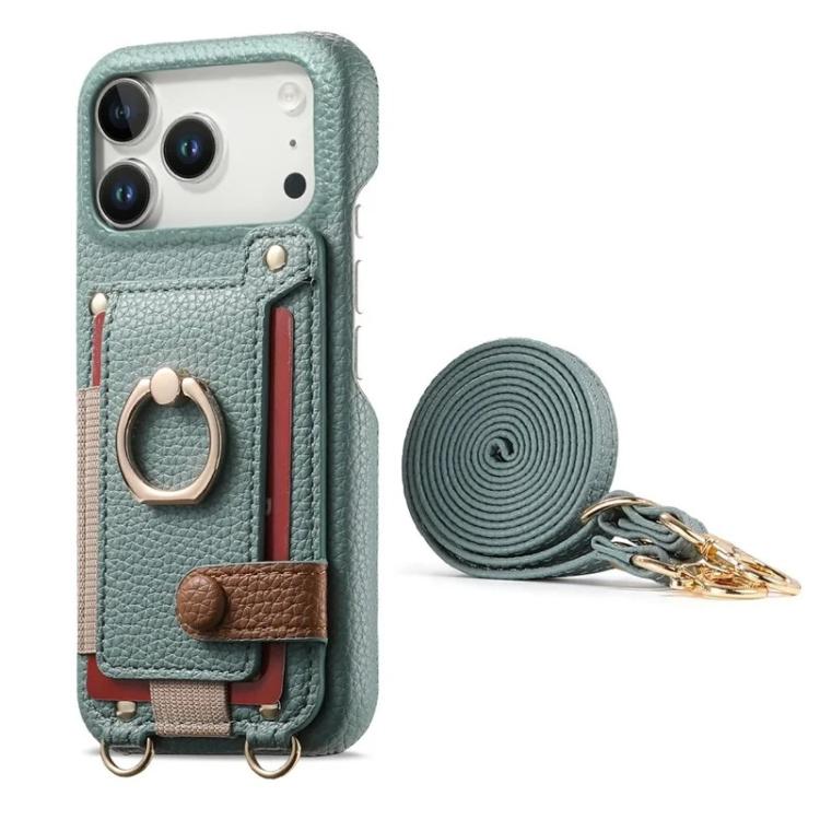 For iPhone 14 Pro Litchi Texture Card Bag Ring Holder Vegan Leather + PC Phone Case with Shoulder Strap