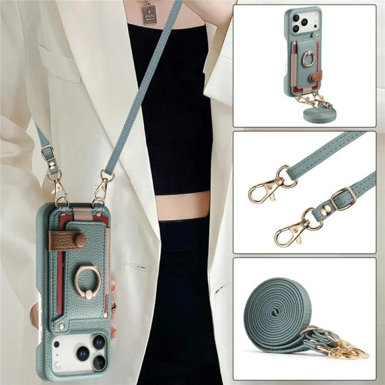 For iPhone 14 Pro Litchi Texture Card Bag Ring Holder Vegan Leather + PC Phone Case with Shoulder Strap