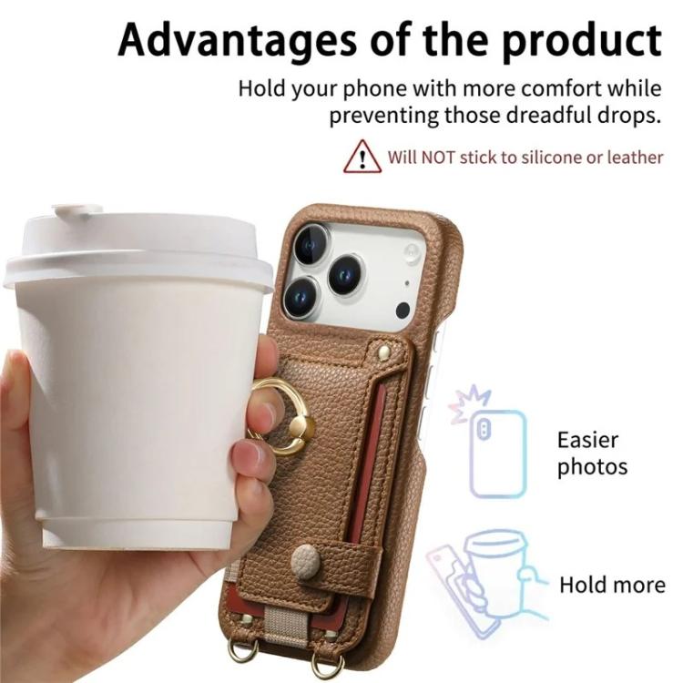 For iPhone 14 Pro Litchi Texture Card Bag Ring Holder Vegan Leather + PC Phone Case with Shoulder Strap