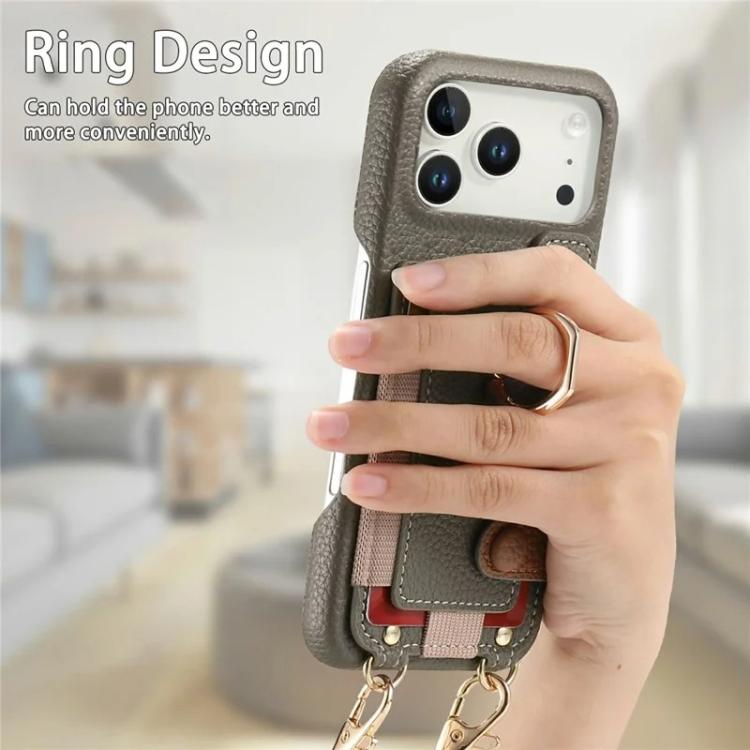 For iPhone 14 Pro Litchi Texture Card Bag Ring Holder Vegan Leather + PC Phone Case with Shoulder Strap