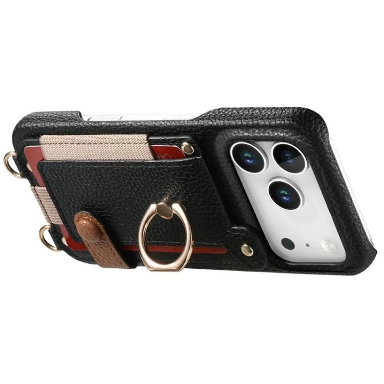 For iPhone 14 Pro Max Litchi Texture Card Bag Ring Holder Vegan Leather + PC Phone Case with Shoulder Strap
