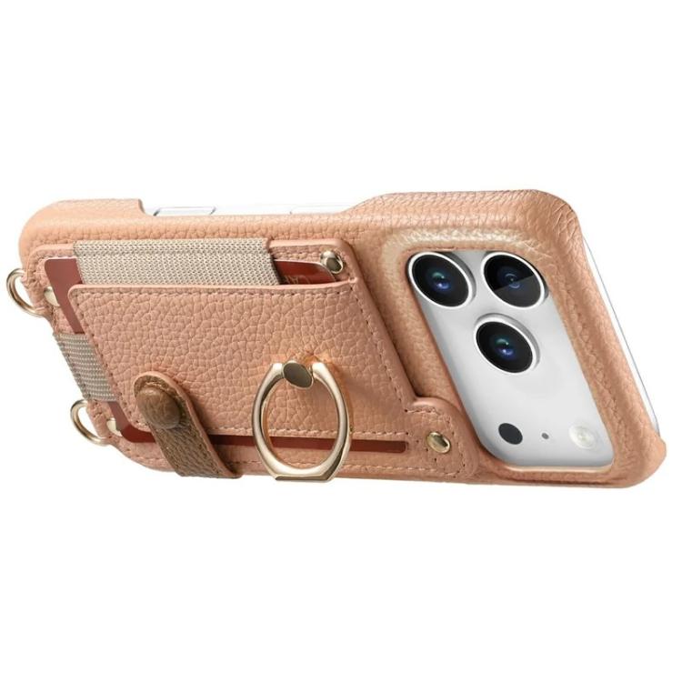 For iPhone 14 Pro Max Litchi Texture Card Bag Ring Holder Vegan Leather + PC Phone Case with Shoulder Strap