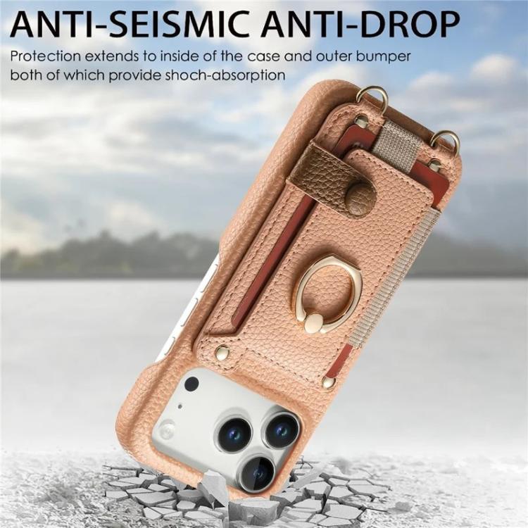 For iPhone 14 Pro Max Litchi Texture Card Bag Ring Holder Vegan Leather + PC Phone Case with Shoulder Strap