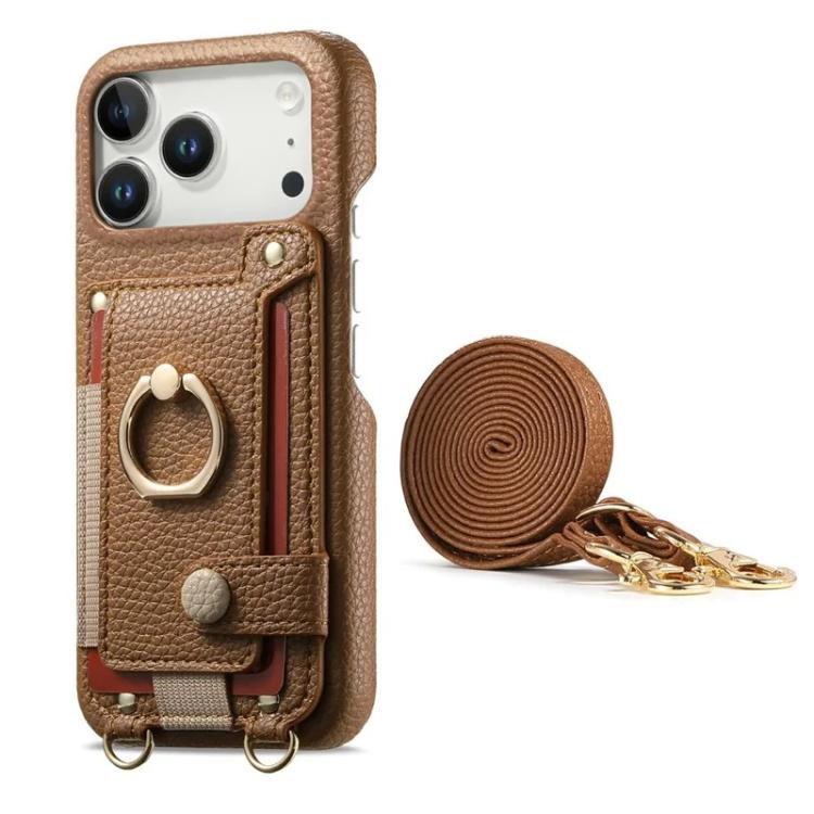 For iPhone 14 Pro Max Litchi Texture Card Bag Ring Holder Vegan Leather + PC Phone Case with Shoulder Strap