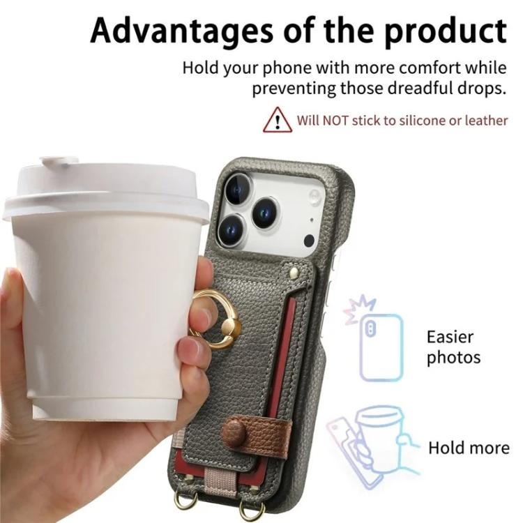 For iPhone 14 Pro Max Litchi Texture Card Bag Ring Holder Vegan Leather + PC Phone Case with Shoulder Strap