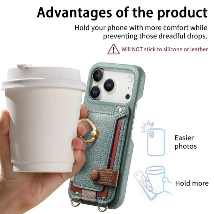 For iPhone 13 Pro Max Litchi Texture Card Bag Ring Holder Vegan Leather + PC Phone Case with Shoulder Strap