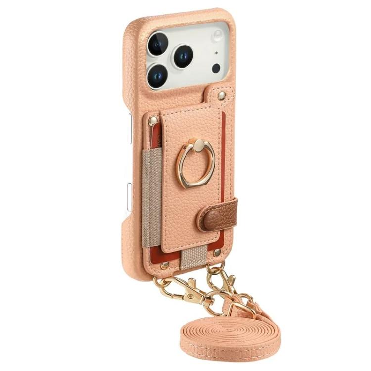 For iPhone 13 Pro Max Litchi Texture Card Bag Ring Holder Vegan Leather + PC Phone Case with Shoulder Strap