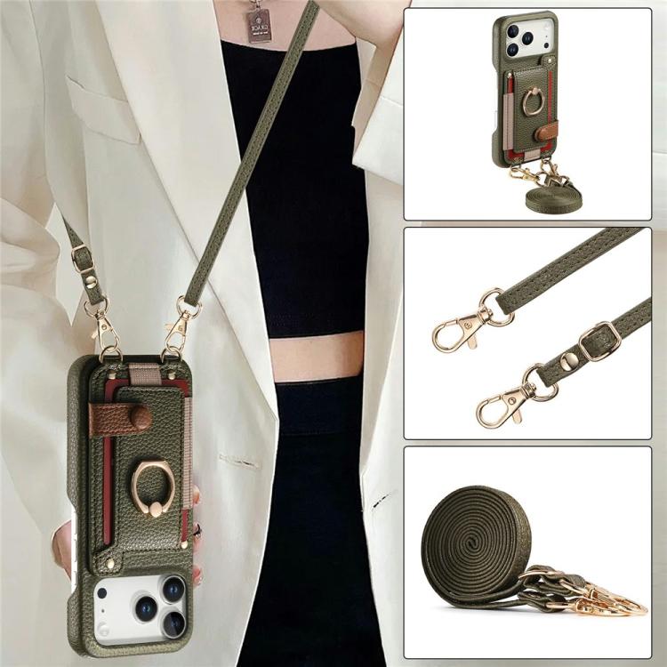 For iPhone 13 Pro Max Litchi Texture Card Bag Ring Holder Vegan Leather + PC Phone Case with Shoulder Strap