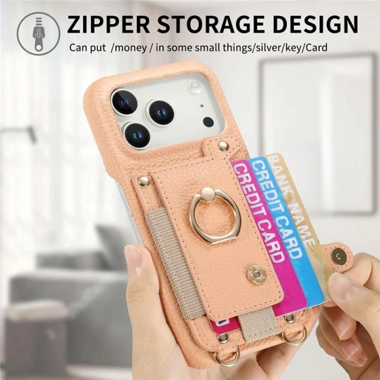 For iPhone 13 Pro Litchi Texture Card Bag Ring Holder Vegan Leather + PC Phone Case with Shoulder Strap