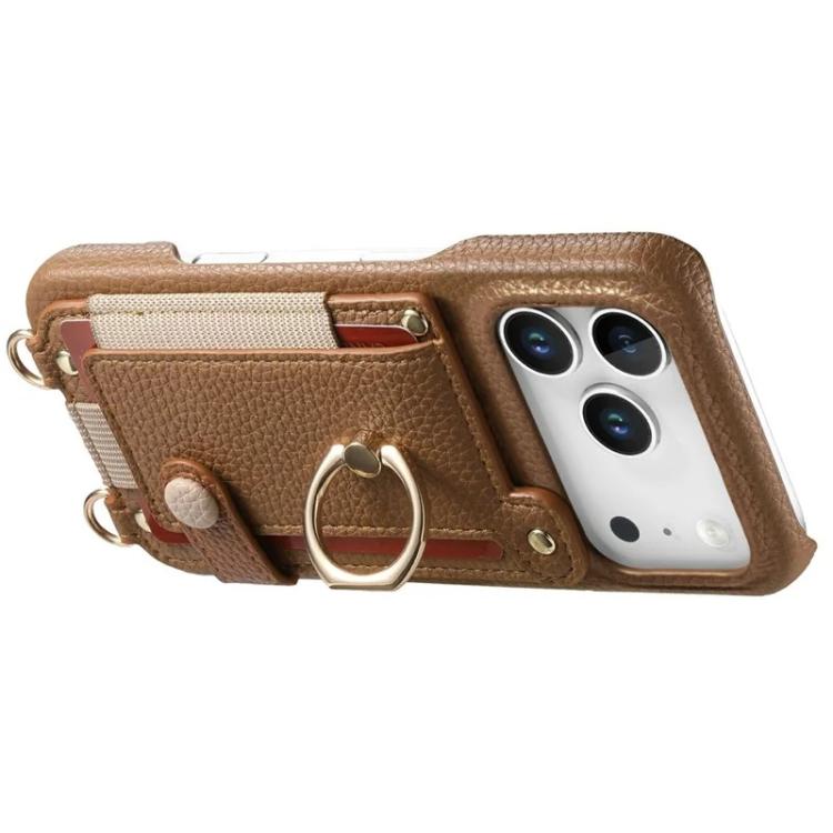 For iPhone 13 Pro Litchi Texture Card Bag Ring Holder Vegan Leather + PC Phone Case with Shoulder Strap