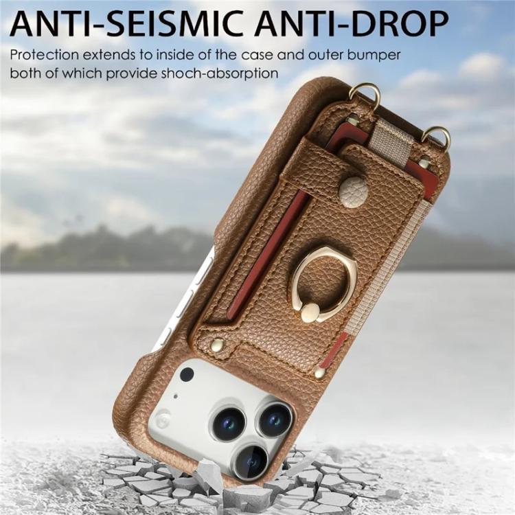 For iPhone 13 Pro Litchi Texture Card Bag Ring Holder Vegan Leather + PC Phone Case with Shoulder Strap