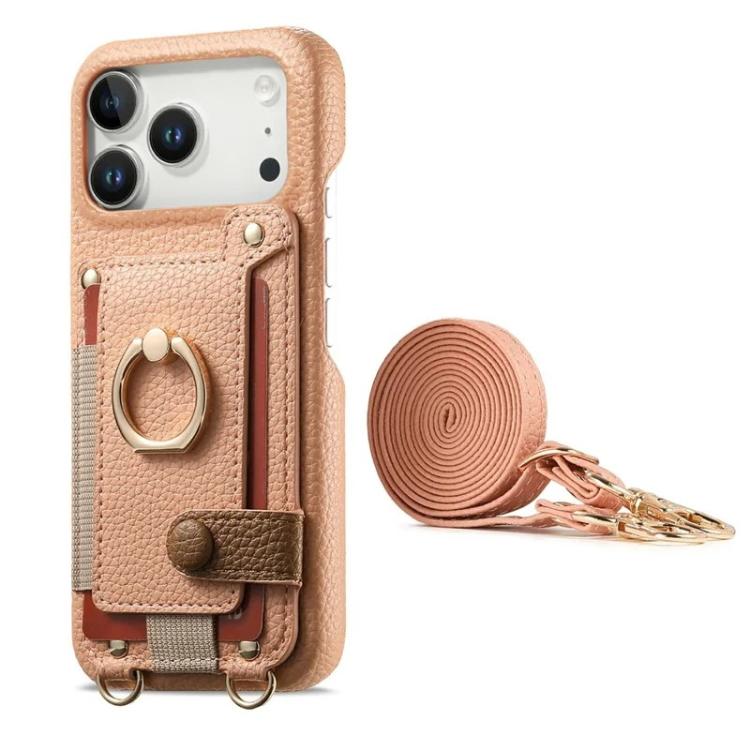For iPhone 13 Litchi Texture Card Bag Ring Holder Vegan Leather + PC Phone Case with Shoulder Strap