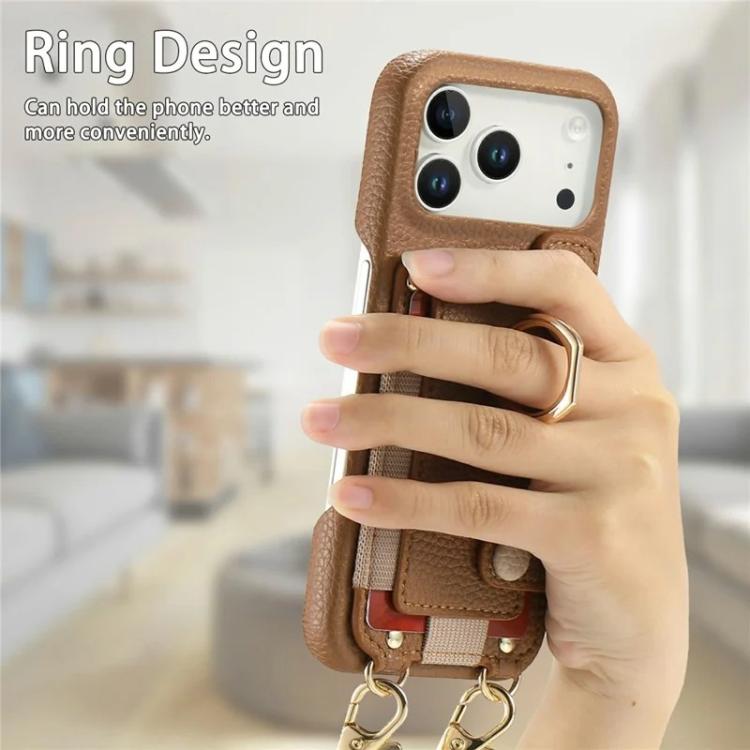 For iPhone 13 Litchi Texture Card Bag Ring Holder Vegan Leather + PC Phone Case with Shoulder Strap