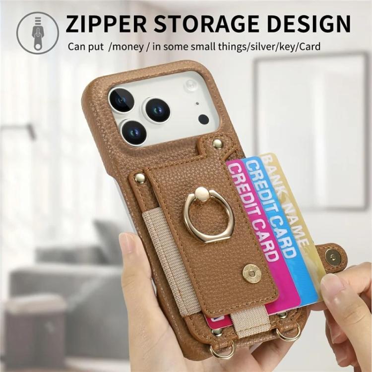 For iPhone 13 Litchi Texture Card Bag Ring Holder Vegan Leather + PC Phone Case with Shoulder Strap